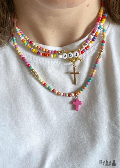 Boho Necklace, Seed Bead Layered Choker, Double Cross